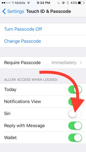 iOS 10 Allow Access When Locked Settings