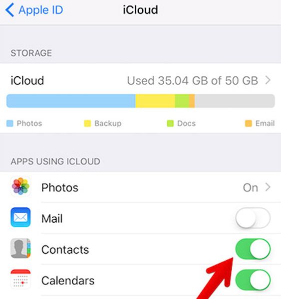 Uncheck Contacts for iCloud Account on iPhone