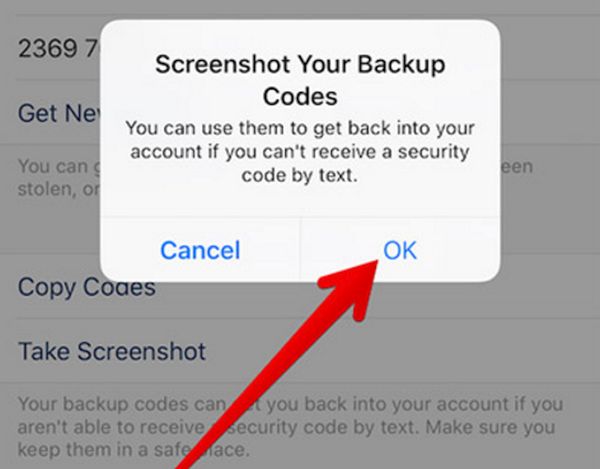 Take a screenshot of Instagram authentication backup code