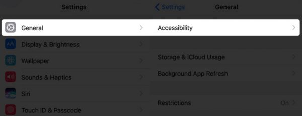 iPhone 7 Settings - General - Accessibility to enable Dark Mode